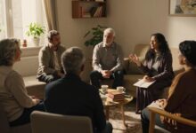 Bahai men and women in warm consultation conversation at home during Ridvan