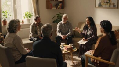 Bahai men and women in warm consultation conversation at home during Ridvan